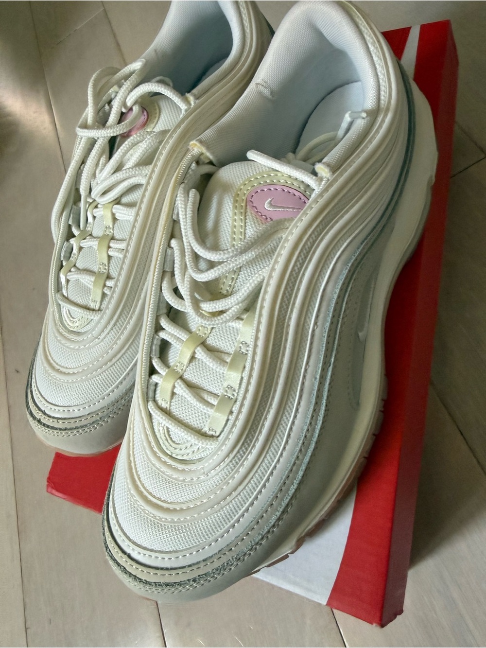 Nike Women’s Air Max 97 in White, Cream with Pink Accent